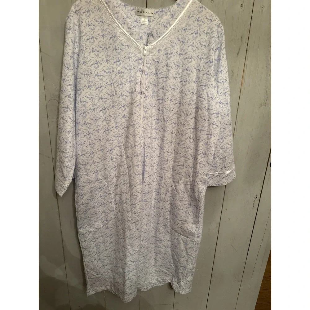 Miss Elaine Lg Full Zip Front Robe Housecoat Super Soft Floral Baby Blue Pockets